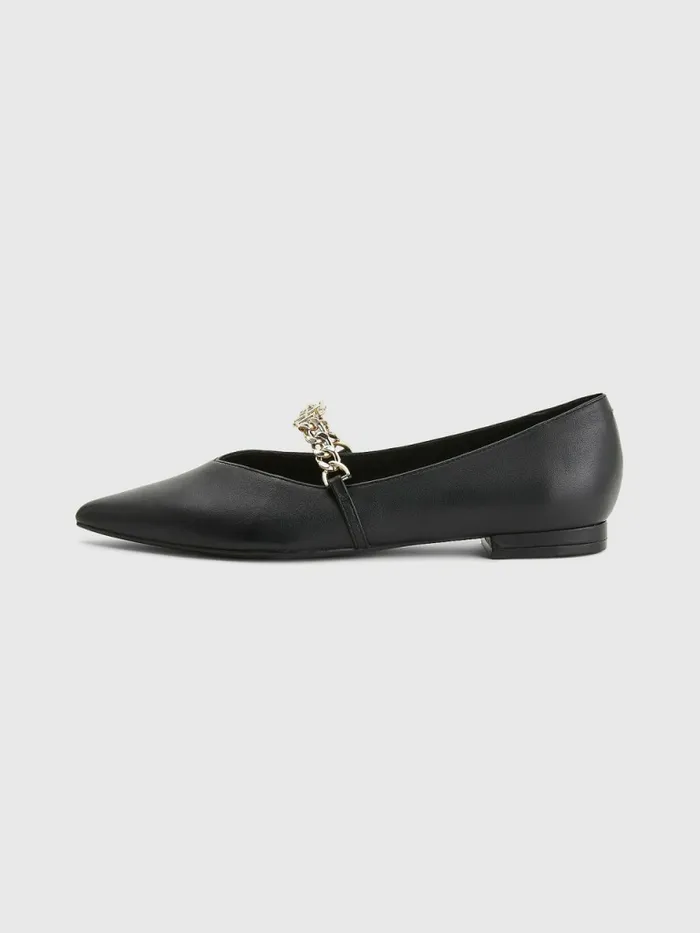 Tommy Hilfiger Pointed Toe Chain Leather Ballerinas Black Womens Flat Shoes Near Me
