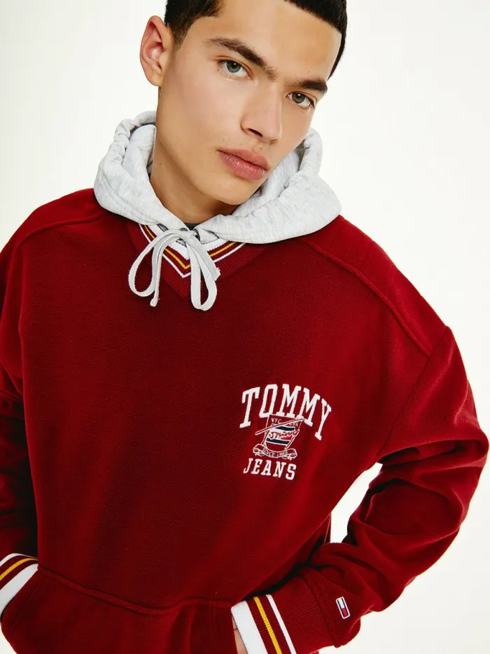 Tommy Hilfiger Polar Fleece VNeck Hoody Bing Cherry Mens Sweatshirts and Hoodies Fashion