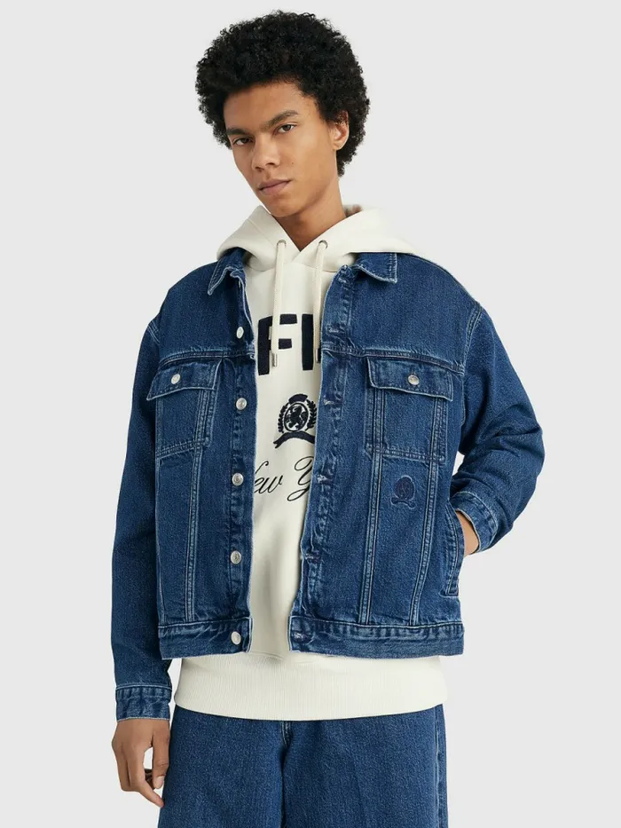 Tommy Hilfiger Prep Crest Embroidery Oversized Denim Jacket Indigo Denim Mens Coats and Jackets Casaul Tommy Hilfiger Prep Crest Embroidery Oversized Denim Jacket Indigo Denim Mens Coats and Jackets Casaul
