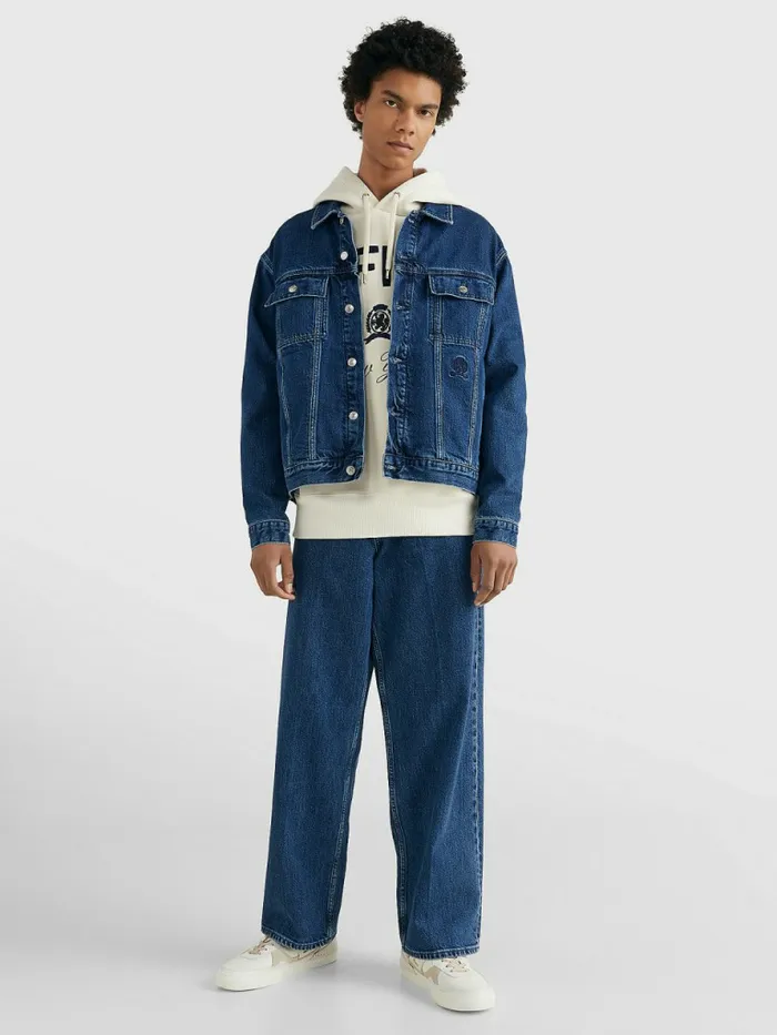 Tommy Hilfiger Prep Crest Embroidery Oversized Denim Jacket Indigo Denim Mens Coats and Jackets Casaul
