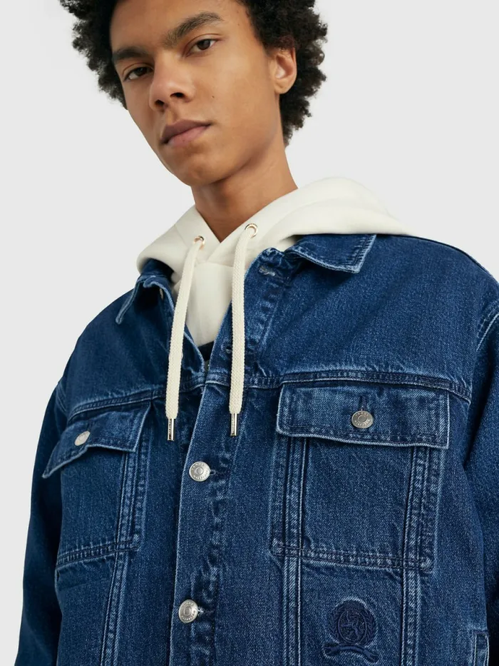 Tommy Hilfiger Prep Crest Embroidery Oversized Denim Jacket Indigo Denim Mens Coats and Jackets Casaul