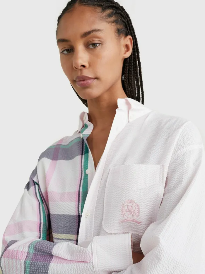 Tommy Hilfiger Prep Crest Madras Check Seersucker Shirt Light Pastel Pink Womens CoOrds