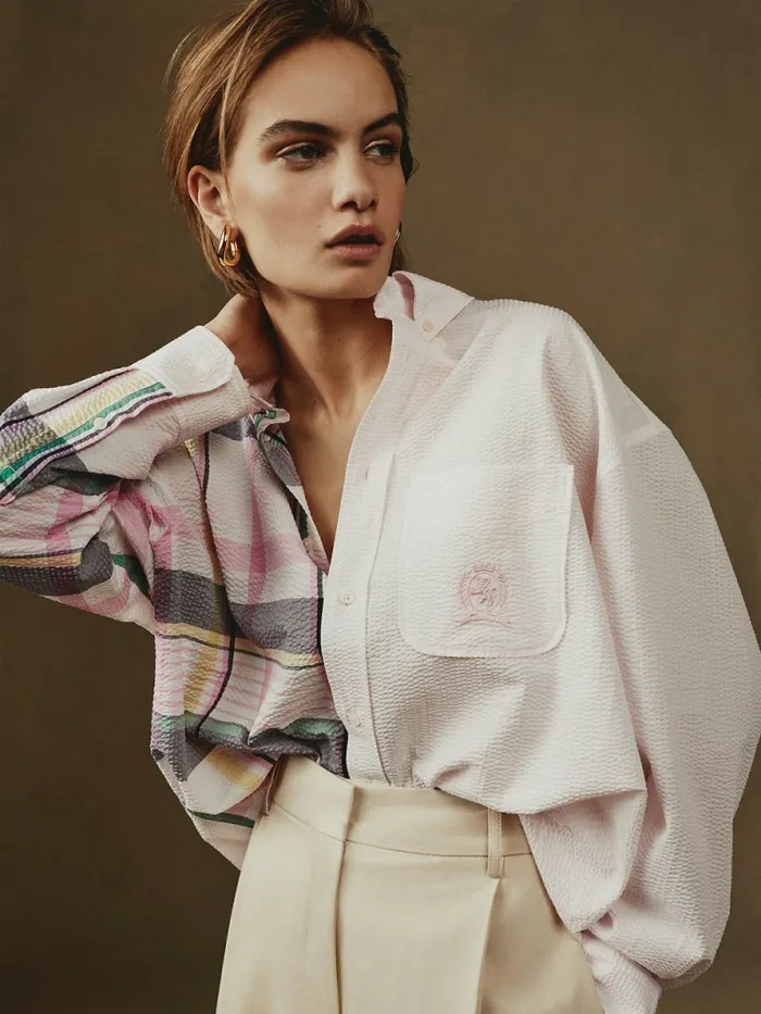 Tommy Hilfiger Prep Crest Madras Check Seersucker Shirt Light Pastel Pink Womens CoOrds