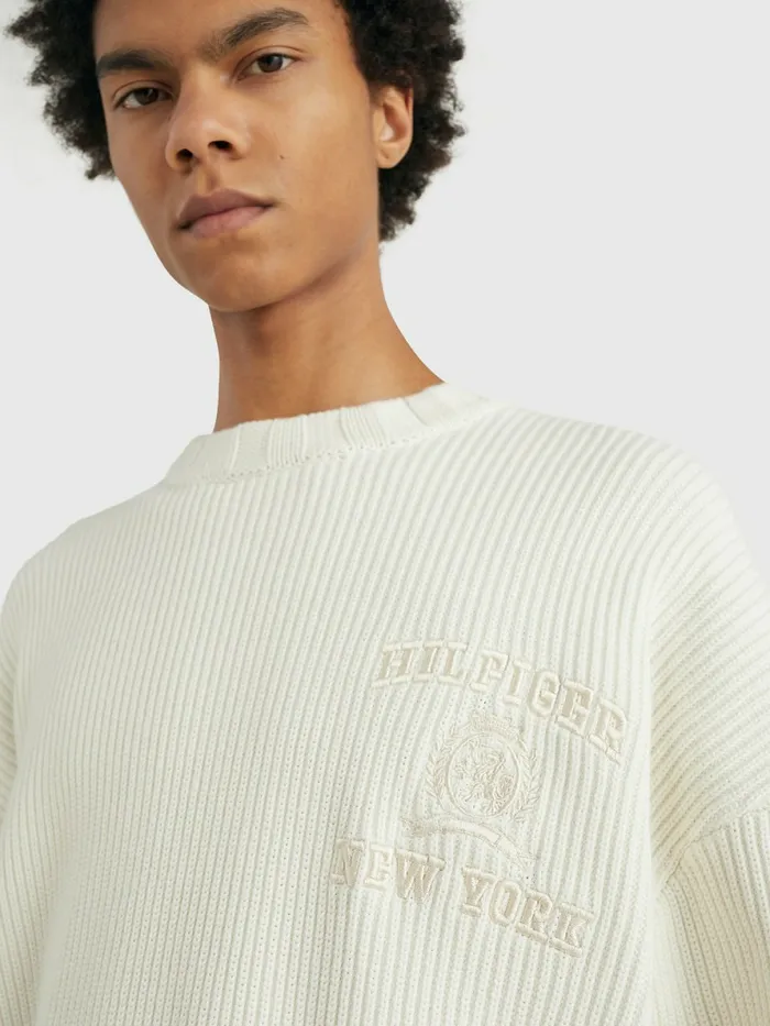 Tommy Hilfiger Prep Crest RibKnit Jumper Ivory Mens Knitwear Casaul