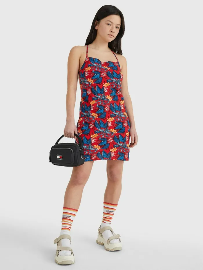 Tommy Hilfiger Print Tie Back Mini Dress Tropical Leaf Print Womens Dresses and Jumpsuits Fashion