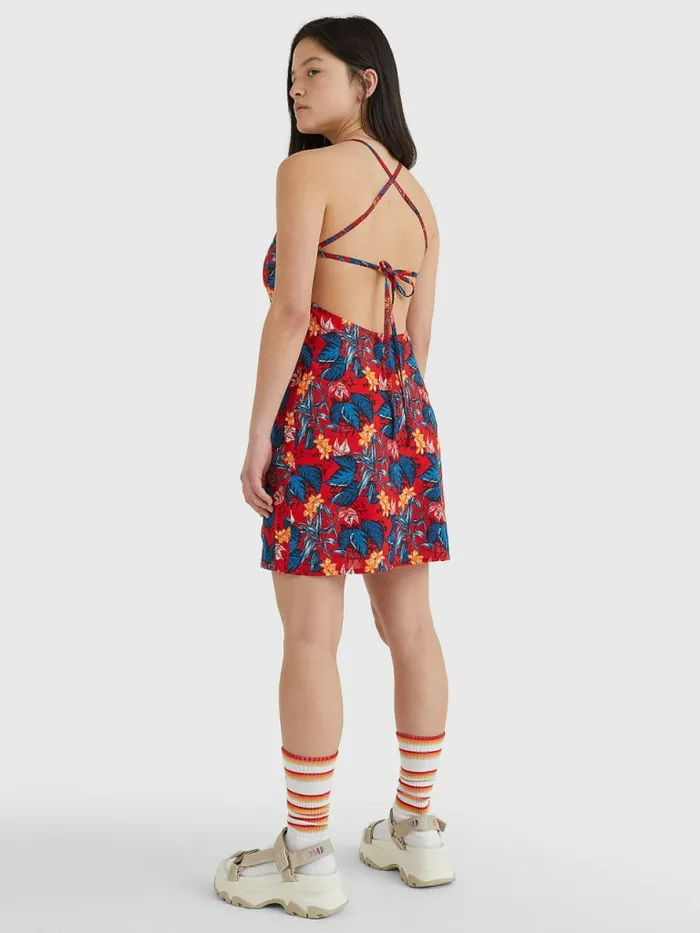 Tommy Hilfiger Print Tie Back Mini Dress Tropical Leaf Print Womens Dresses and Jumpsuits Fashion