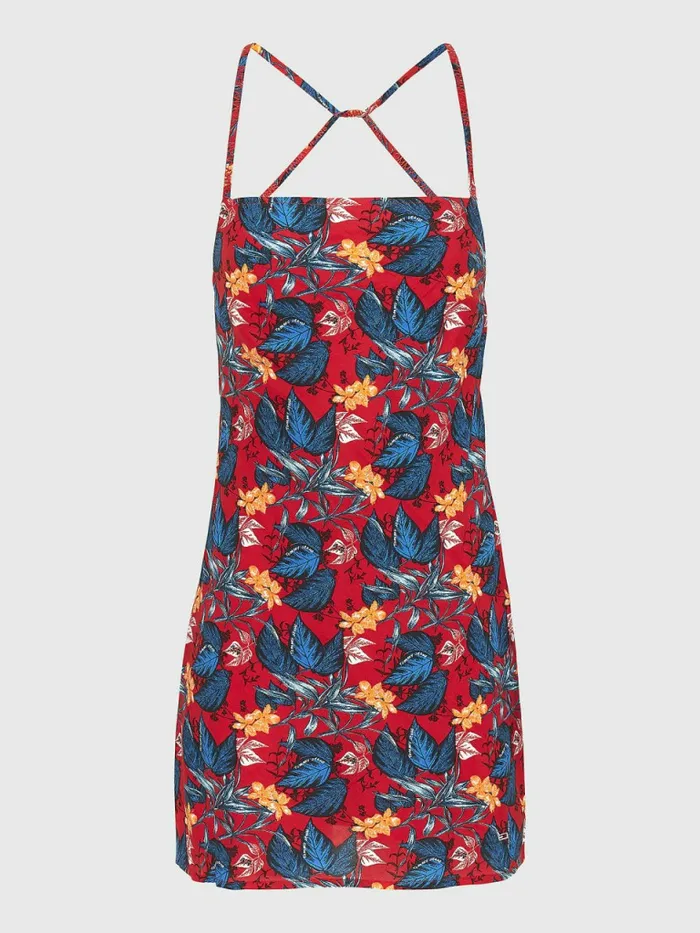 Tommy Hilfiger Print Tie Back Mini Dress Tropical Leaf Print Womens Dresses and Jumpsuits Fashion