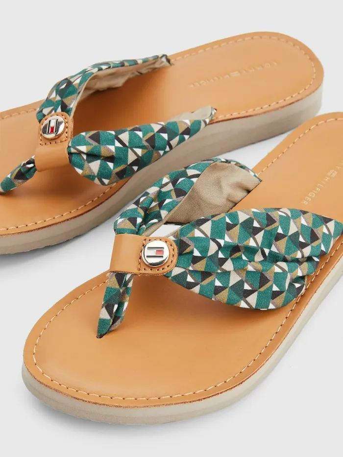 Tommy Hilfiger Printed Leather Footbed FlipFlops Island Geo Green Womens Sandals Popular