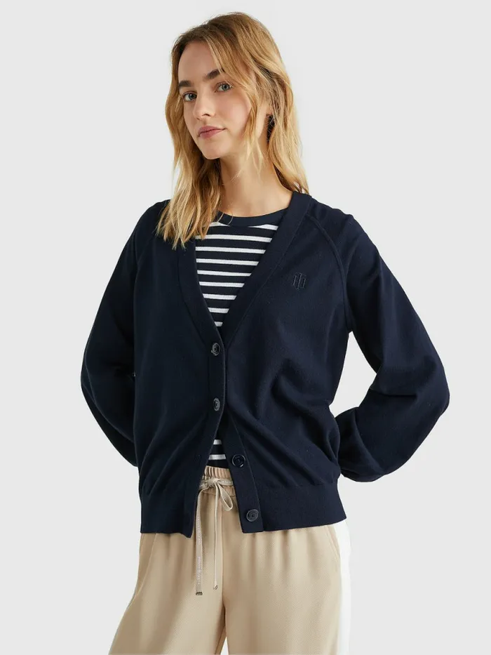 Tommy Hilfiger Puff Sleeve Relaxed Fit Cardigan Desert Sky Womens Knitwear Online