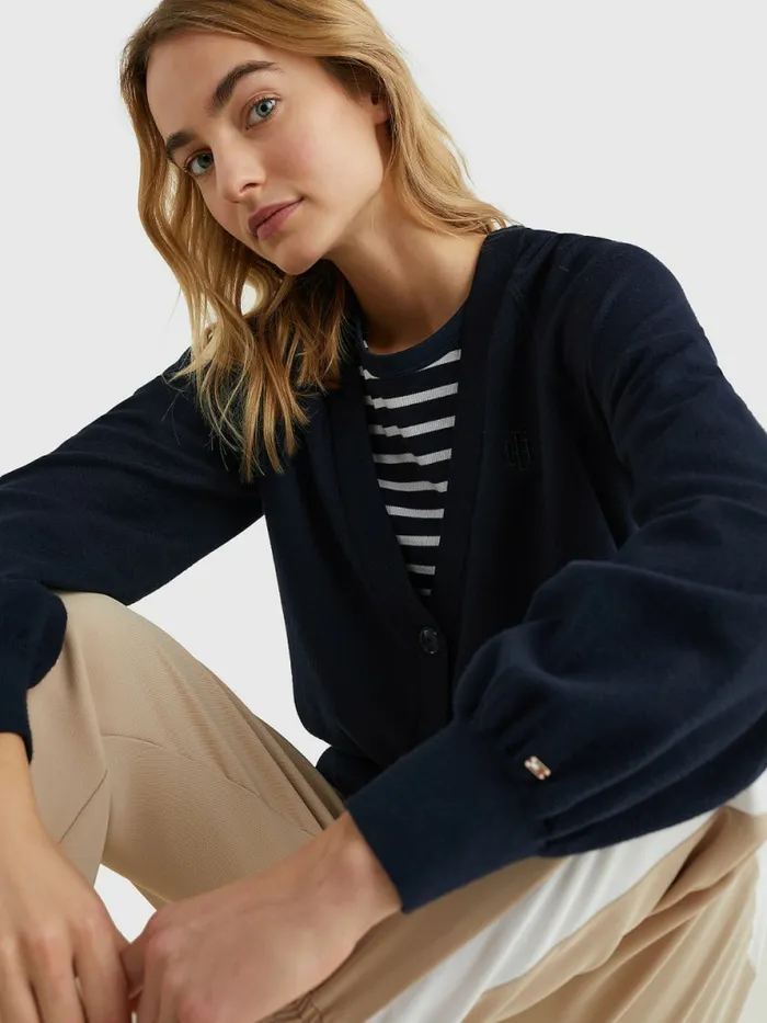 Tommy Hilfiger Puff Sleeve Relaxed Fit Cardigan Desert Sky Womens Knitwear Online