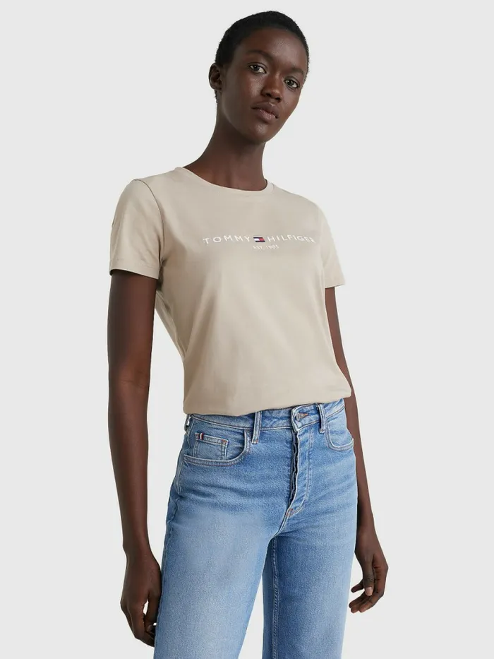 Tommy Hilfiger Pure Organic Cotton Logo TShirt Beige Womens TShirts Popular