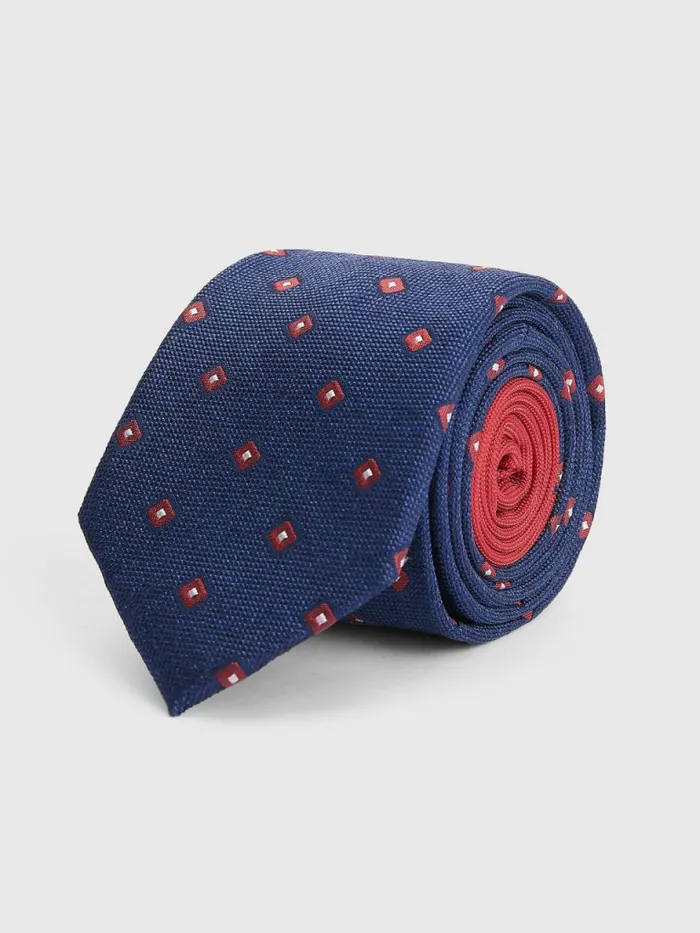 Tommy Hilfiger Pure Silk Jacquard Geometric Tie NavyRed Mens Ties and Pocket Squares