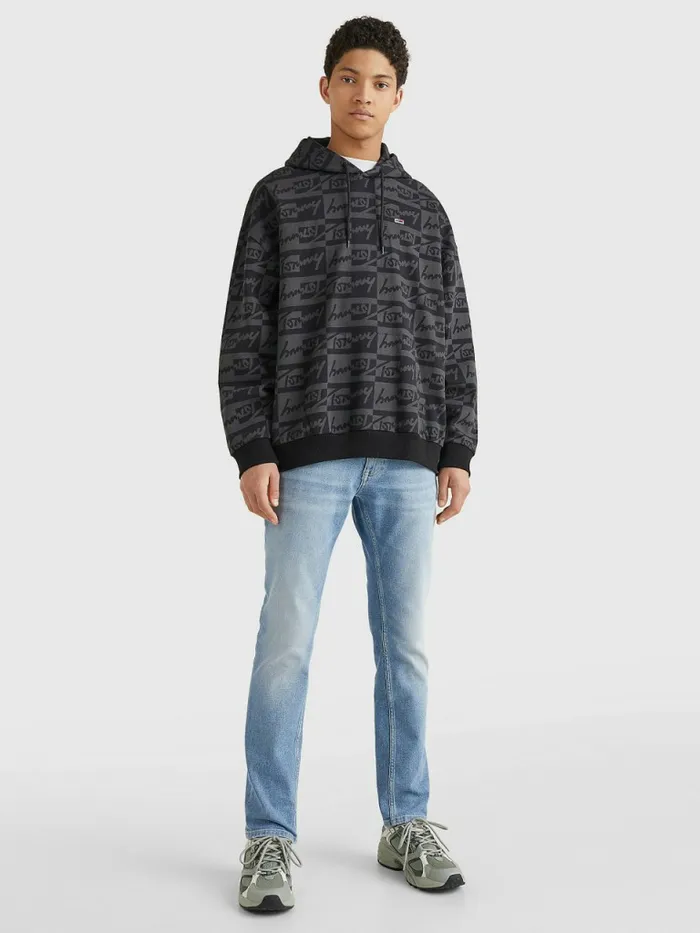 Tommy Hilfiger Recycled Cotton Signature Logo Print Hoody Black Mens Sweatshirts and Hoodies On Sale
