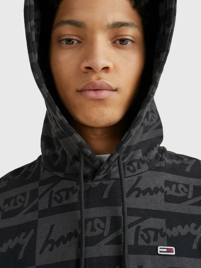 Tommy Hilfiger Recycled Cotton Signature Logo Print Hoody Black Mens Sweatshirts and Hoodies On Sale