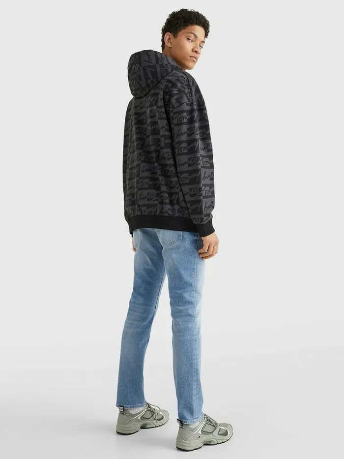 Tommy Hilfiger Recycled Cotton Signature Logo Print Hoody Black Mens Sweatshirts and Hoodies On Sale