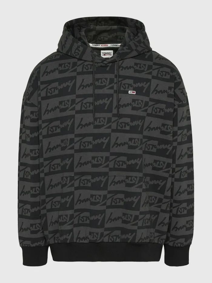 Tommy Hilfiger Recycled Cotton Signature Logo Print Hoody Black Mens Sweatshirts and Hoodies On Sale
