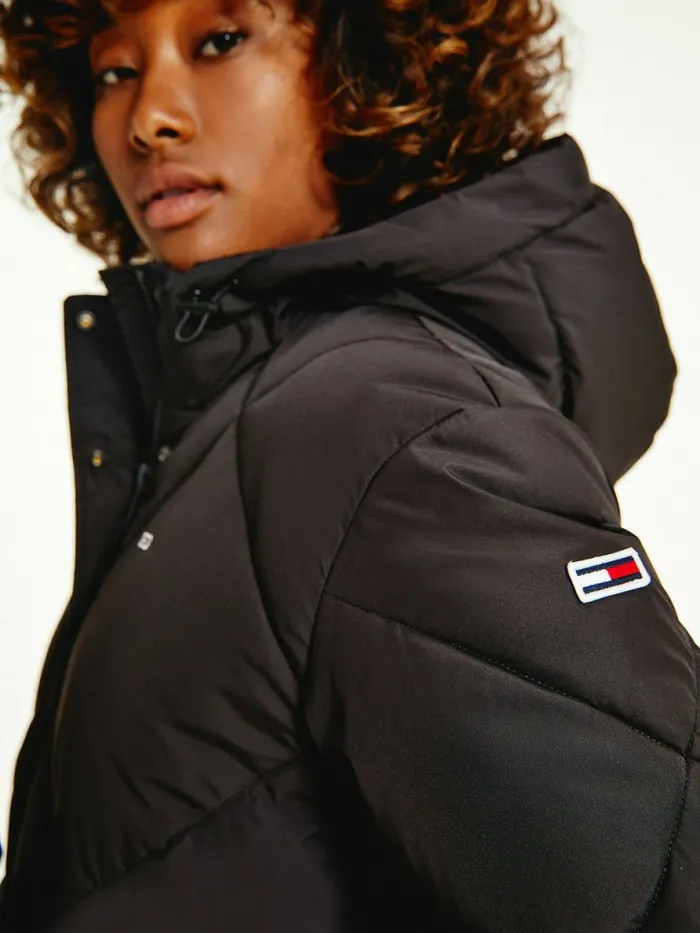 Tommy Hilfiger Recycled Quilted Down Belted Puffer Jacket Black Womens Coats and Jackets Sale