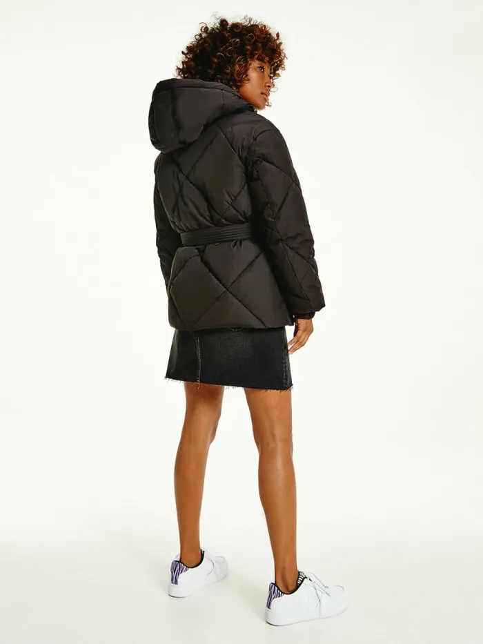 Tommy Hilfiger Recycled Quilted Down Belted Puffer Jacket Black Womens Coats and Jackets Sale