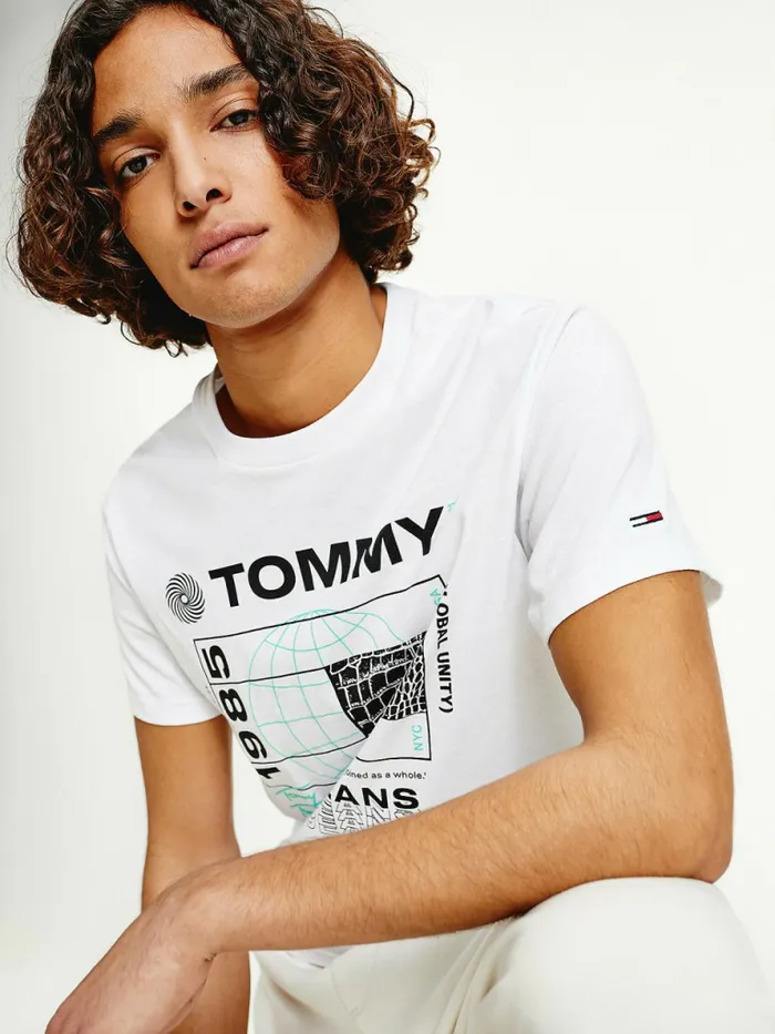 Tommy Hilfiger Recycled Reptile Print Flag TShirt White Mens TShirts Sale