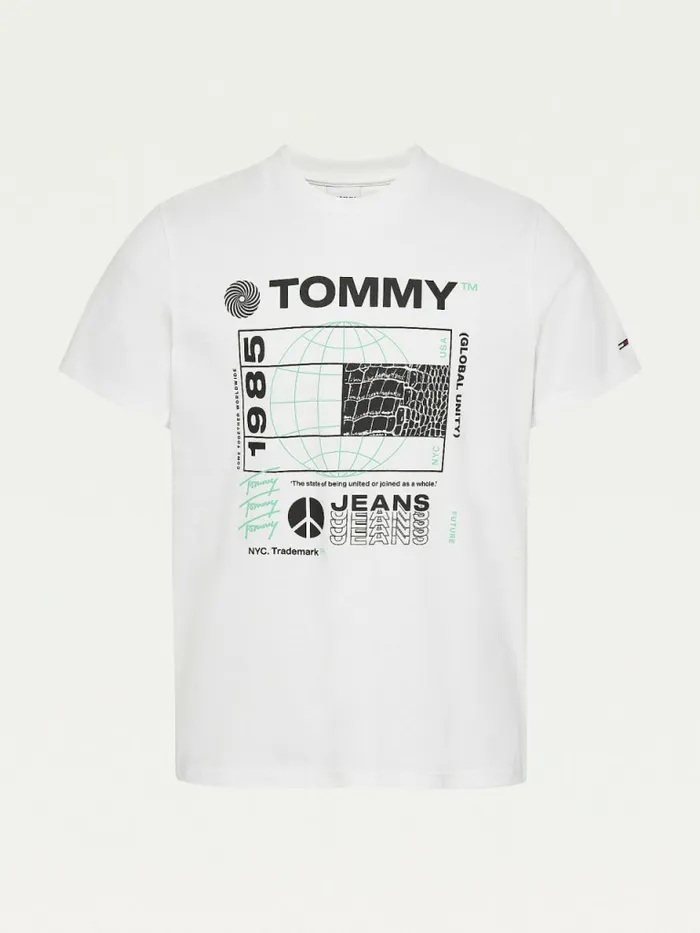 Tommy Hilfiger Recycled Reptile Print Flag TShirt White Mens TShirts Sale