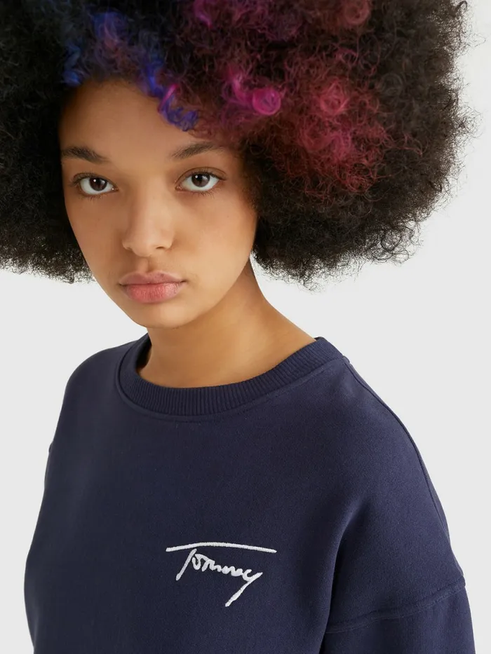 Tommy Hilfiger Recycled Signature Logo Cropped Sweatshirt Twilight Navy Womens Sweatshirts and Hoodies Fashion