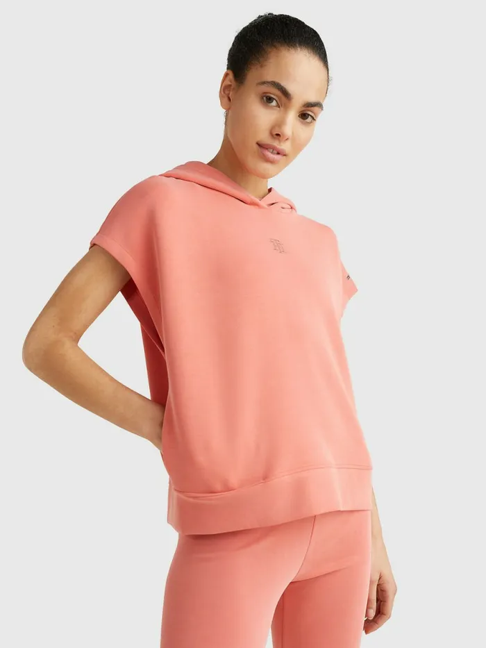 Tommy Hilfiger Relaxed Fit Short Sleeve Hoody Sueded Crystal Coral Womens CoOrds Tommy Hilfiger Relaxed Fit Short Sleeve Hoody Sueded Crystal Coral Womens CoOrds