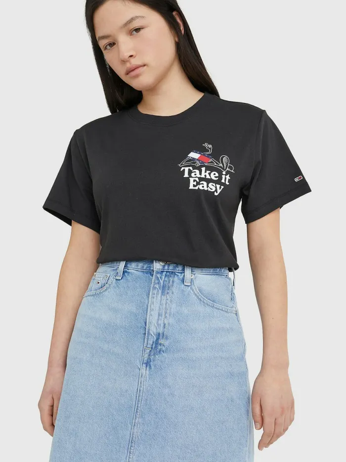 Tommy Hilfiger Relaxed Fit Slogan TShirt Black Womens TShirts Cheap On Sale