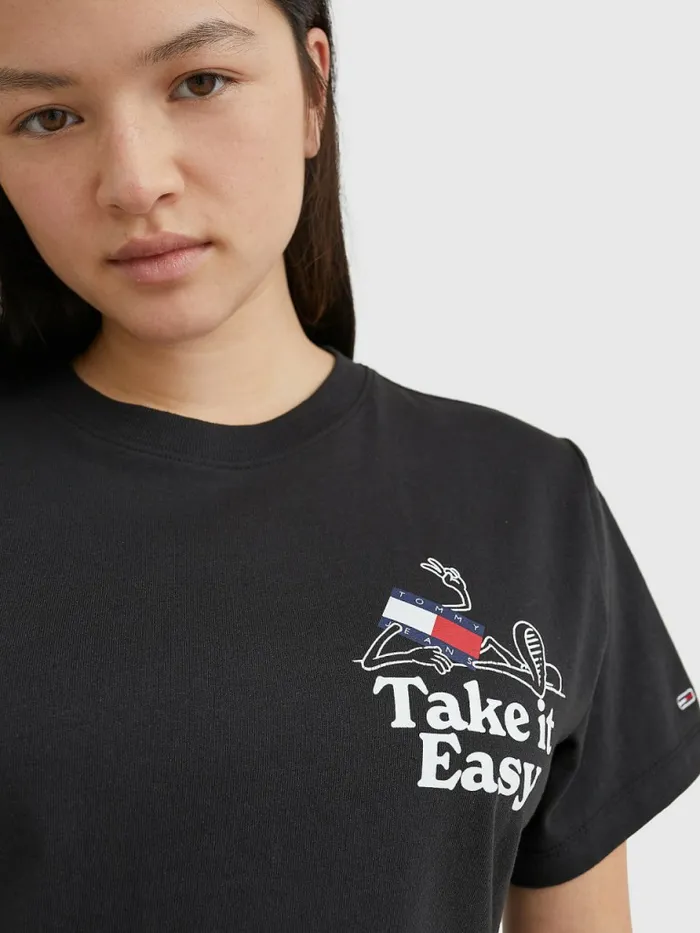 Tommy Hilfiger Relaxed Fit Slogan TShirt Black Womens TShirts Cheap On Sale