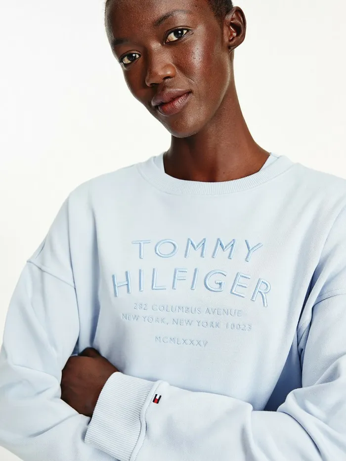Tommy Hilfiger Relaxed Fit Text Embroidery Sweatshirt Breezy Blue Womens Sweatshirts and Hoodies Gift for Friend