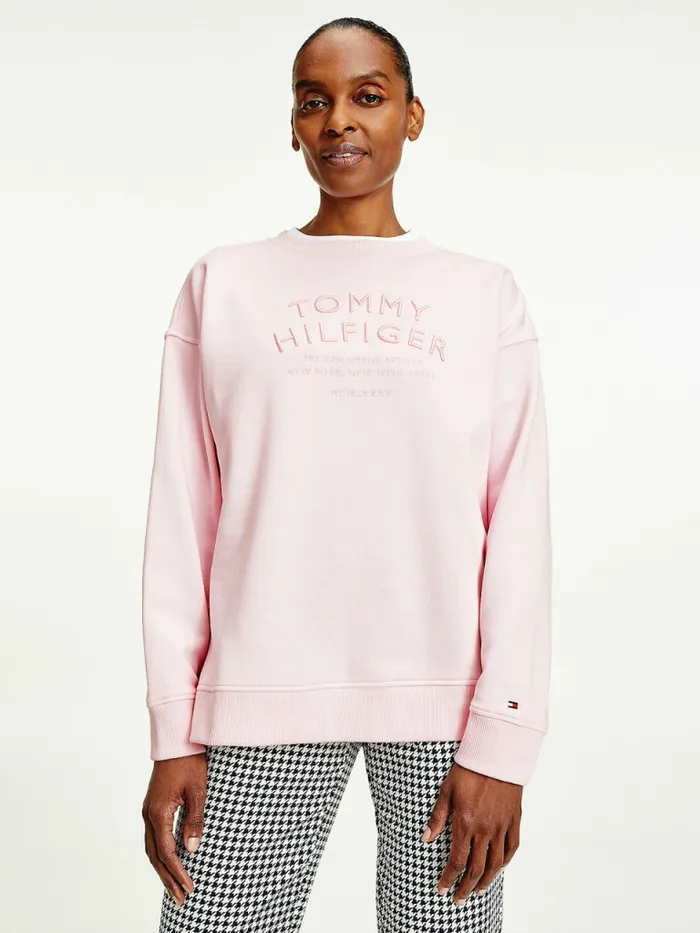 Tommy Hilfiger Relaxed Fit Text Embroidery Sweatshirt Light Pink Womens Sweatshirts and Hoodies For Sale Tommy Hilfiger Relaxed Fit Text Embroidery Sweatshirt Light Pink Womens Sweatshirts and Hoodies For Sale