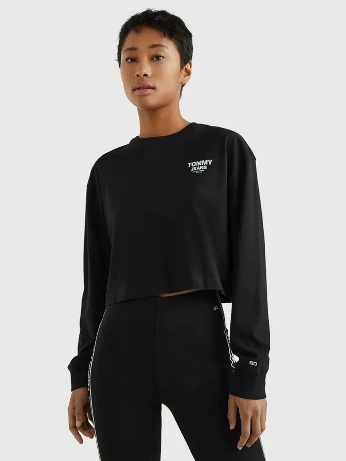 Tommy Hilfiger Relaxed Logo Tape Long Sleeve TShirt Black Womens TShirts Casaul Tommy Hilfiger Relaxed Logo Tape Long Sleeve TShirt Black Womens TShirts Casaul