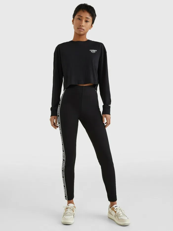 Tommy Hilfiger Relaxed Logo Tape Long Sleeve TShirt Black Womens TShirts Casaul