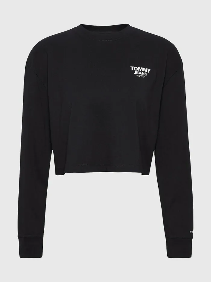 Tommy Hilfiger Relaxed Logo Tape Long Sleeve TShirt Black Womens TShirts Casaul