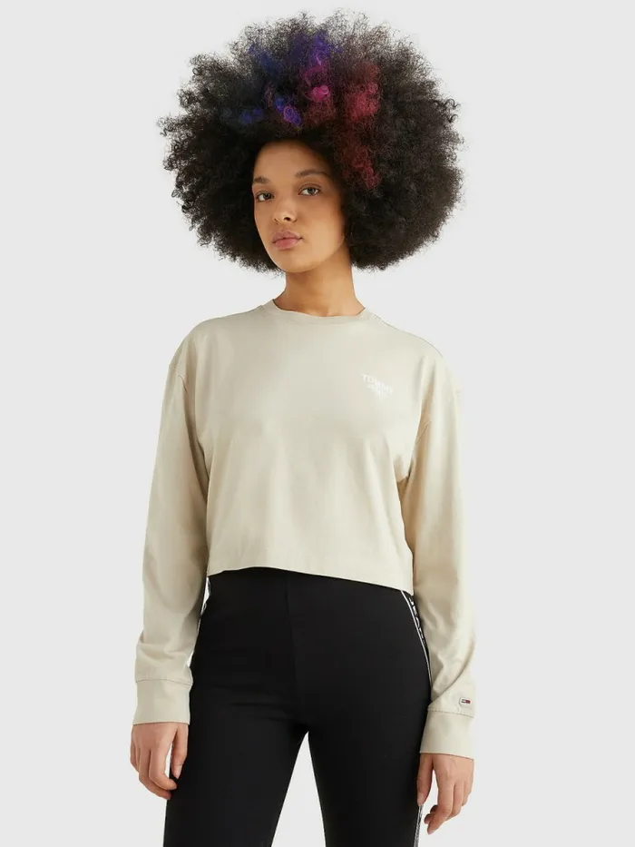 Tommy Hilfiger Relaxed Logo Tape Long Sleeve TShirt Savannah Sand Womens TShirts Fashion Tommy Hilfiger Relaxed Logo Tape Long Sleeve TShirt Savannah Sand Womens TShirts Fashion
