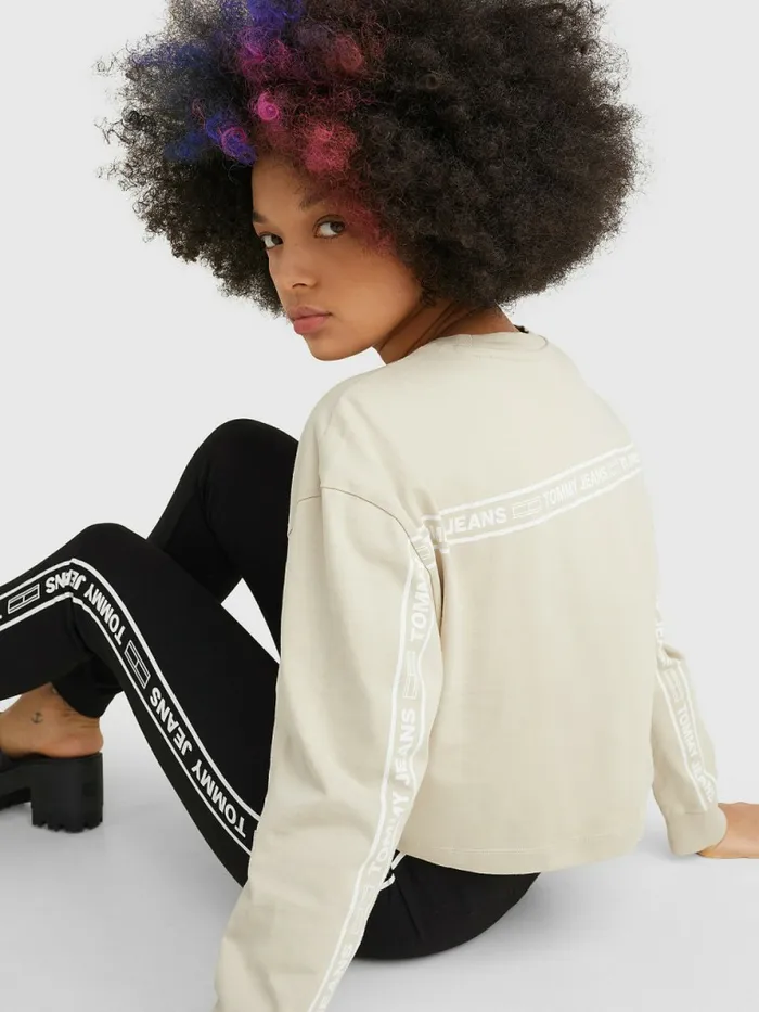 Tommy Hilfiger Relaxed Logo Tape Long Sleeve TShirt Savannah Sand Womens TShirts Fashion