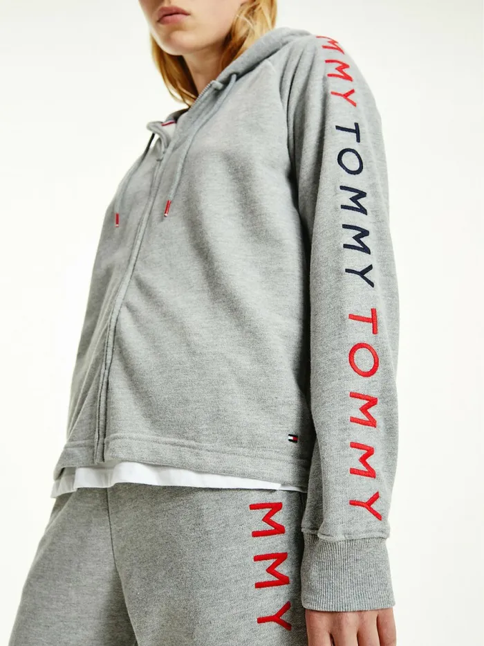 Tommy Hilfiger Repeat Logo ZipThru Hoody Medium Grey Heather Womens Sweatshirts and Hoodies For Sale Tommy Hilfiger Repeat Logo ZipThru Hoody Medium Grey Heather Womens Sweatshirts and Hoodies For Sale