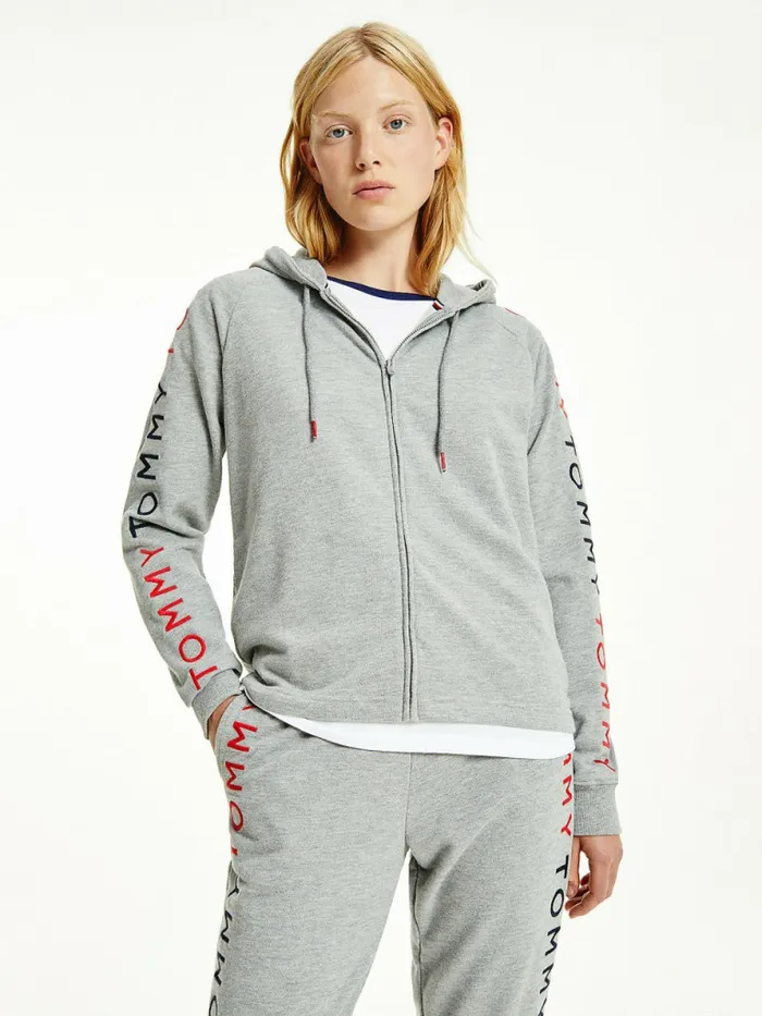 Tommy Hilfiger Repeat Logo ZipThru Hoody Medium Grey Heather Womens Sweatshirts and Hoodies For Sale
