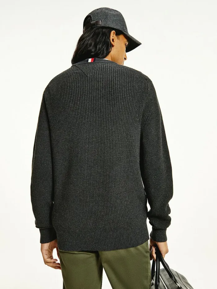 Tommy Hilfiger Ribbed Crew Neck Relaxed Fit Jumper Dark Grey Heather Mens Knitwear Fashion