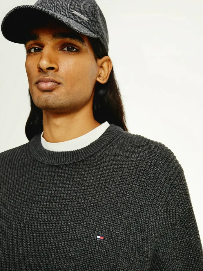 Tommy Hilfiger Ribbed Crew Neck Relaxed Fit Jumper Dark Grey Heather Mens Knitwear Fashion