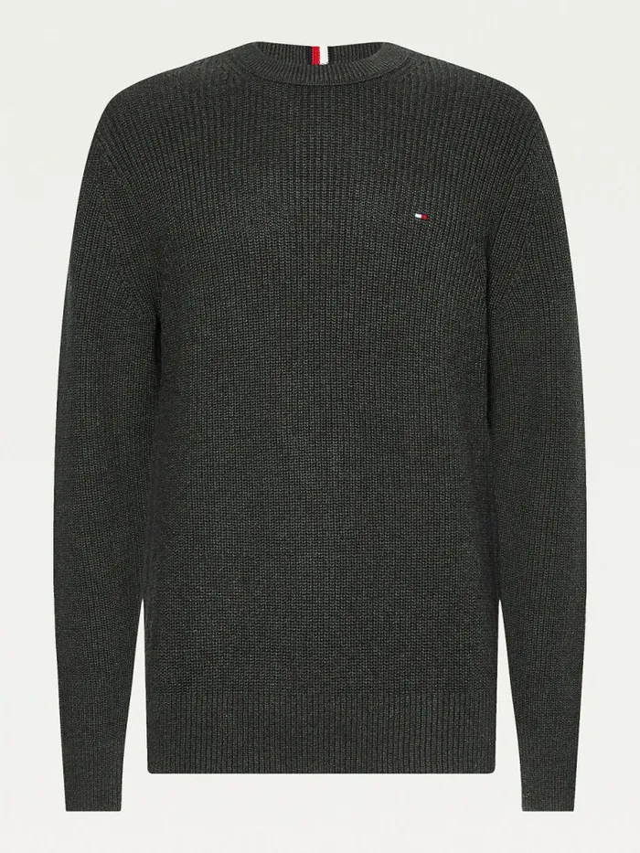 Tommy Hilfiger Ribbed Crew Neck Relaxed Fit Jumper Dark Grey Heather Mens Knitwear Fashion