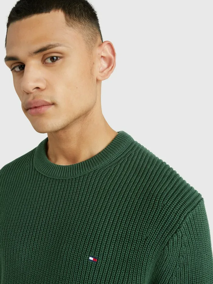 Tommy Hilfiger Ribbed Crew Neck Relaxed Fit Jumper National Forest Mens Knitwear Fashion