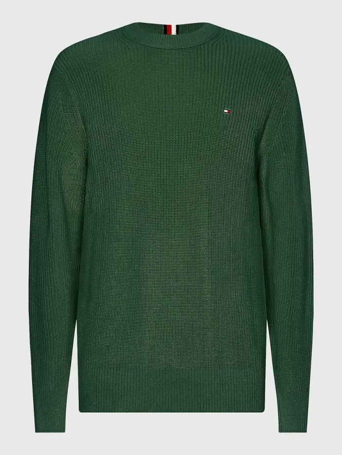 Tommy Hilfiger Ribbed Crew Neck Relaxed Fit Jumper National Forest Mens Knitwear Fashion