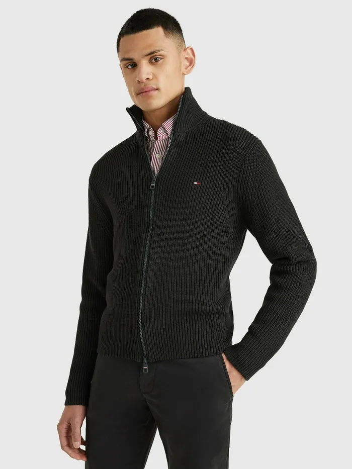 Tommy Hilfiger Ribbed ZipThru Relaxed Fit Jumper Black Mens Knitwear Gift Ideas Tommy Hilfiger Ribbed ZipThru Relaxed Fit Jumper Black Mens Knitwear Gift Ideas
