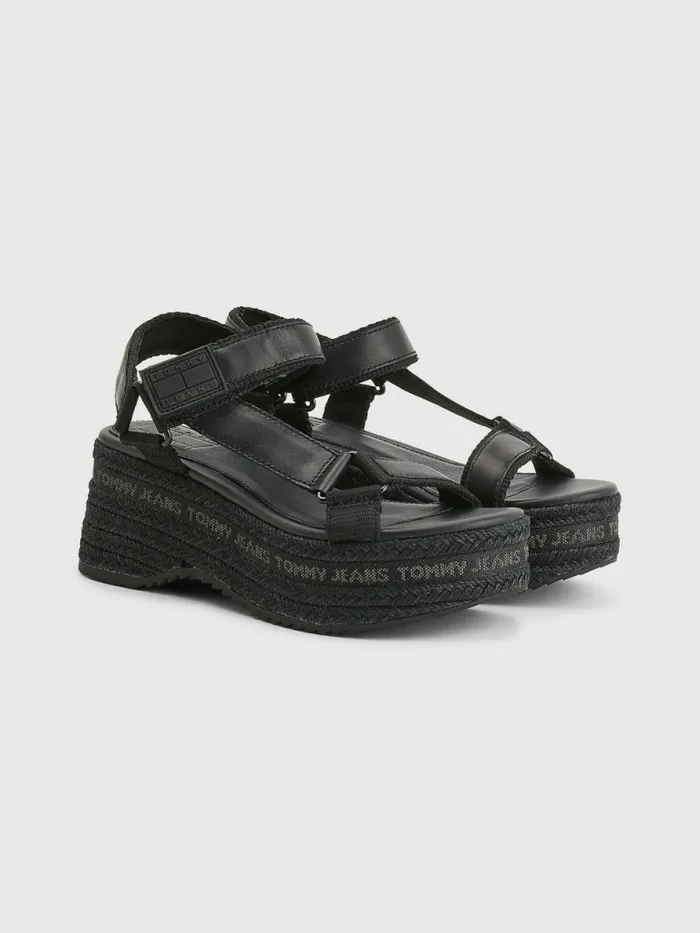Tommy Hilfiger Rope Wedge Heel Leather Sandals Black Womens Sandals On Sale