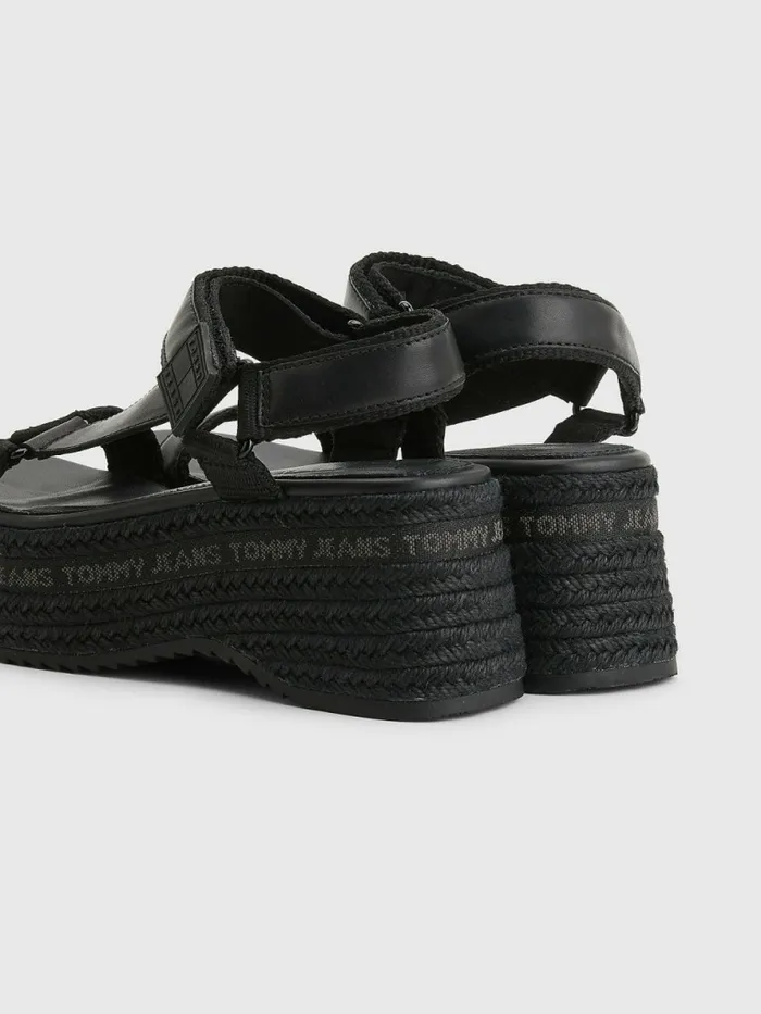 Tommy Hilfiger Rope Wedge Heel Leather Sandals Black Womens Sandals On Sale