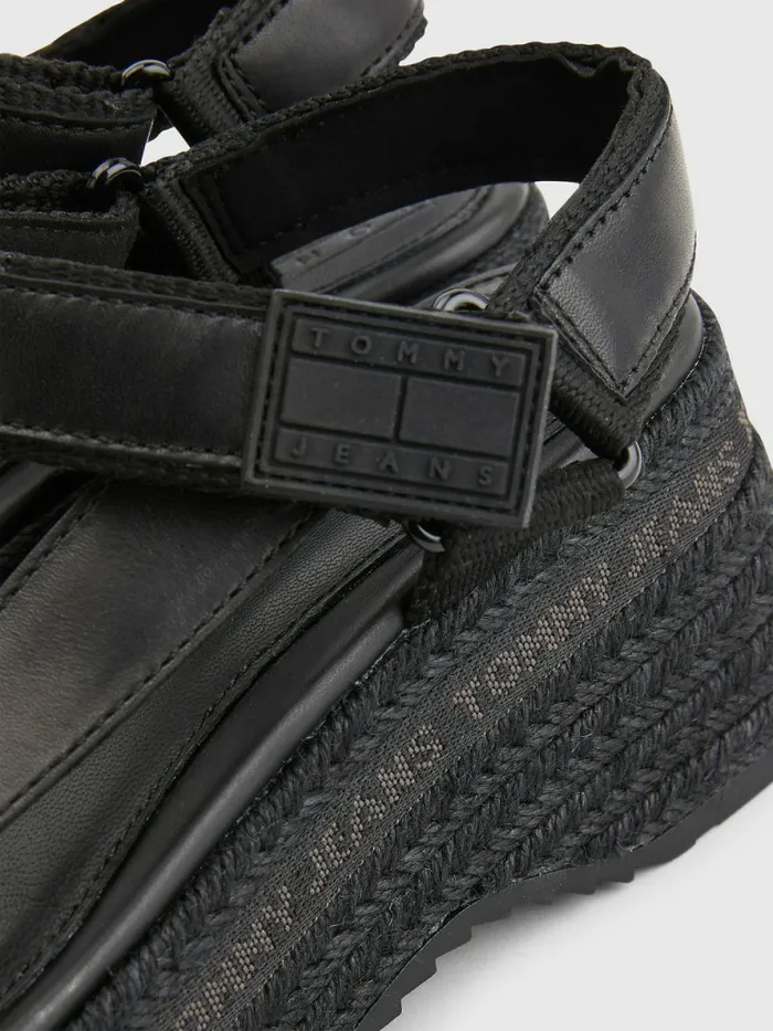 Tommy Hilfiger Rope Wedge Heel Leather Sandals Black Womens Sandals On Sale