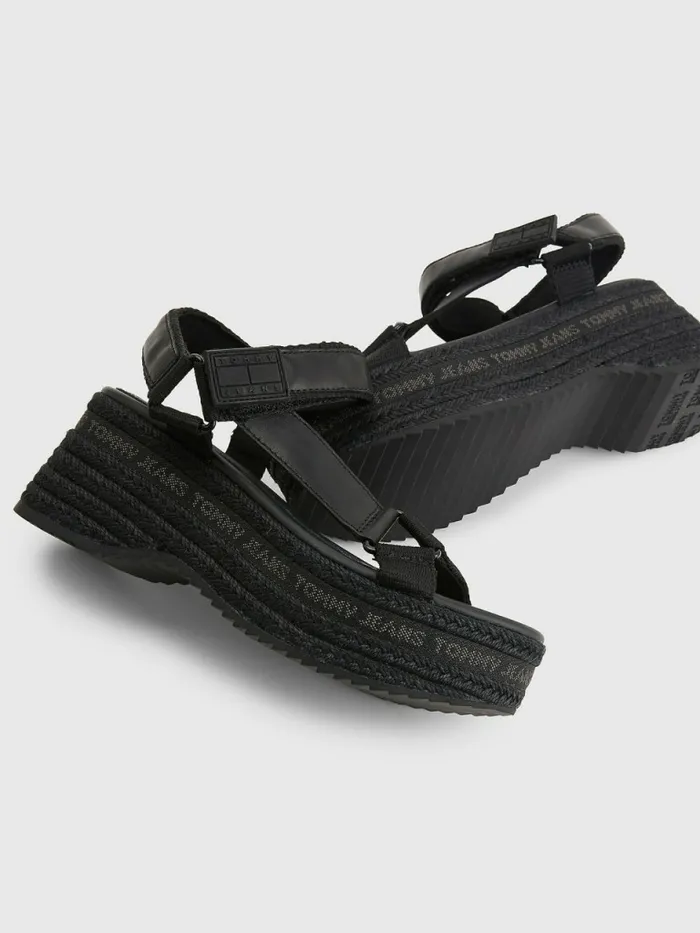 Tommy Hilfiger Rope Wedge Heel Leather Sandals Black Womens Sandals On Sale