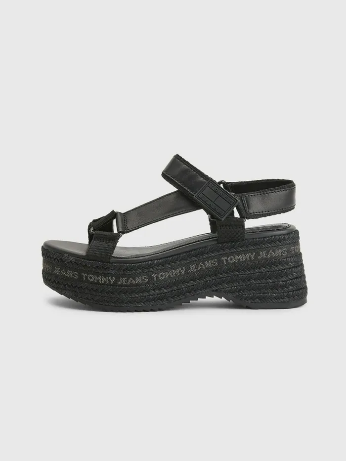 Tommy Hilfiger Rope Wedge Heel Leather Sandals Black Womens Sandals On Sale