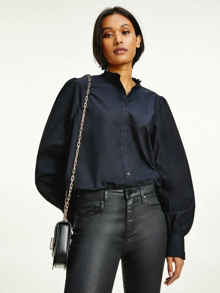Tommy Hilfiger Ruffled Mandarin Collar Relaxed Fit Blouse Black Womens Shirts and Blouses Popular Tommy Hilfiger Ruffled Mandarin Collar Relaxed Fit Blouse Black Womens Shirts and Blouses Popular