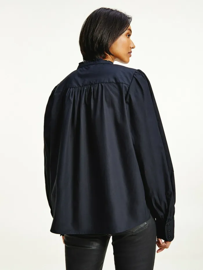 Tommy Hilfiger Ruffled Mandarin Collar Relaxed Fit Blouse Black Womens Shirts and Blouses Popular